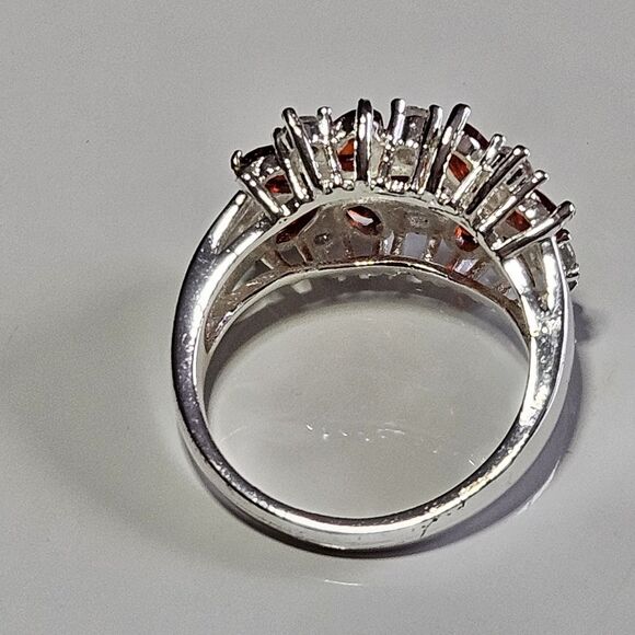 925 Sterling Silver Orange & Clear Rhinestone Flower Ring Sz 7.5 - Picture 12 of 16
